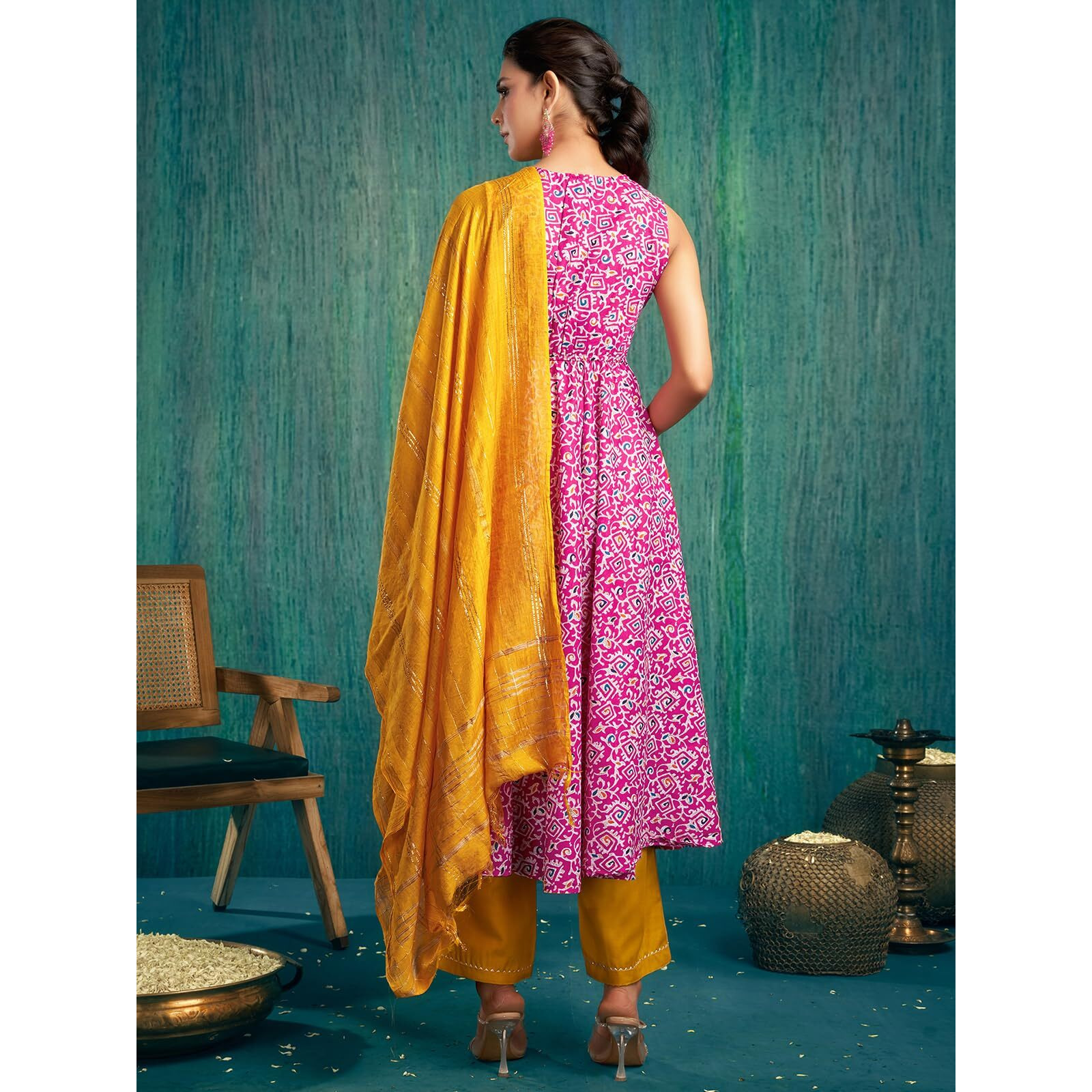 Sanisa Women's Cotton Blend Digital Foil Printed Anarkali Kurta With Pant And Dupatta Set (67Kbd765Nb-S_Pink & Multi)