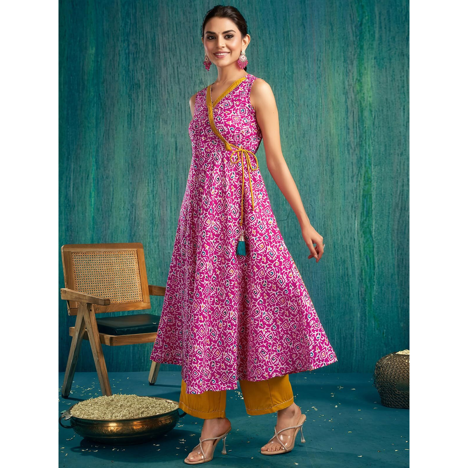 Sanisa Women's Cotton Blend Digital Foil Printed Anarkali Kurta With Pant And Dupatta Set (67Kbd765Nb-S_Pink & Multi)