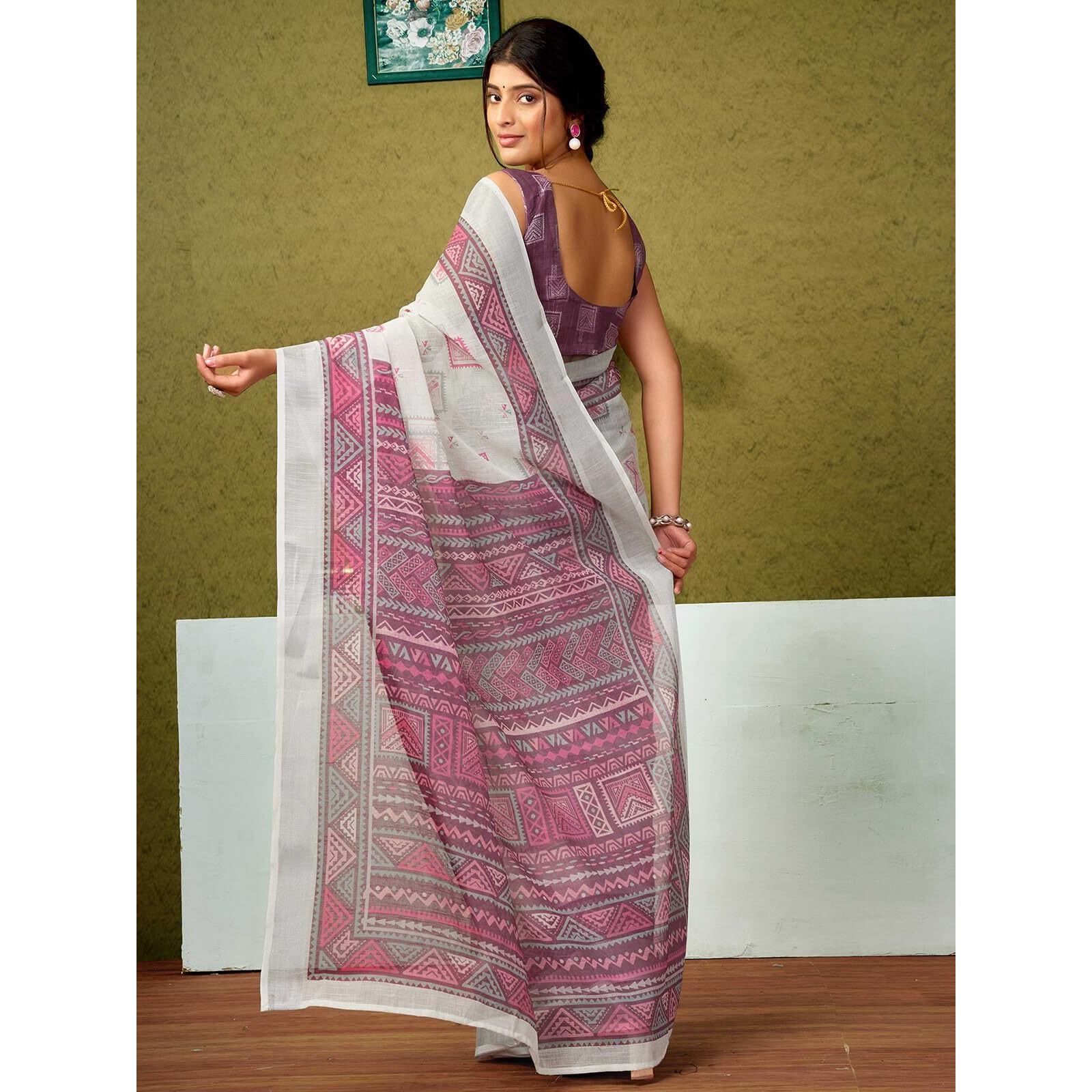 Satrani Women's Linen Printed & Zari Border Ready To Wear One Minute Pre Pleated Readymade Saree With Unstitched Blouse Piece (35Rs338N_Off White & Dark Mauve & Multi)