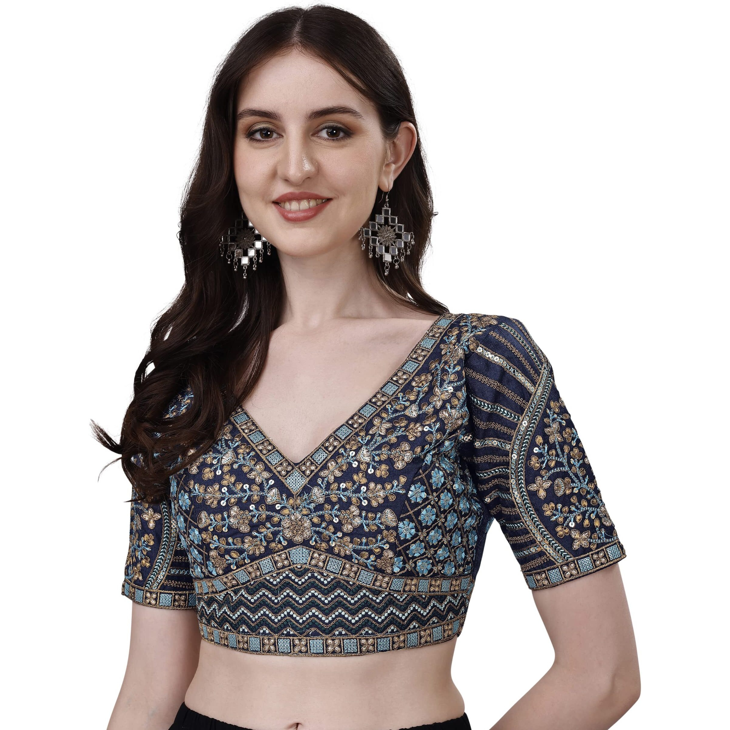 Pujia Mills Mills Women's Fancy Readymade Heavy Coding Embroidary Worked Half Sleeve Multicolor Saree Blouse(Mushroom) (Navy Blue, 38)