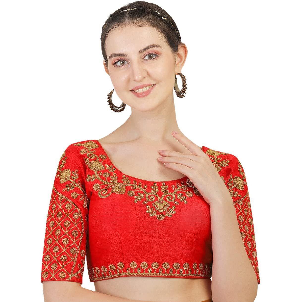 Pujia Mils Women's Silk Half Sleeve Regular (Floral Blouse Red 36)
