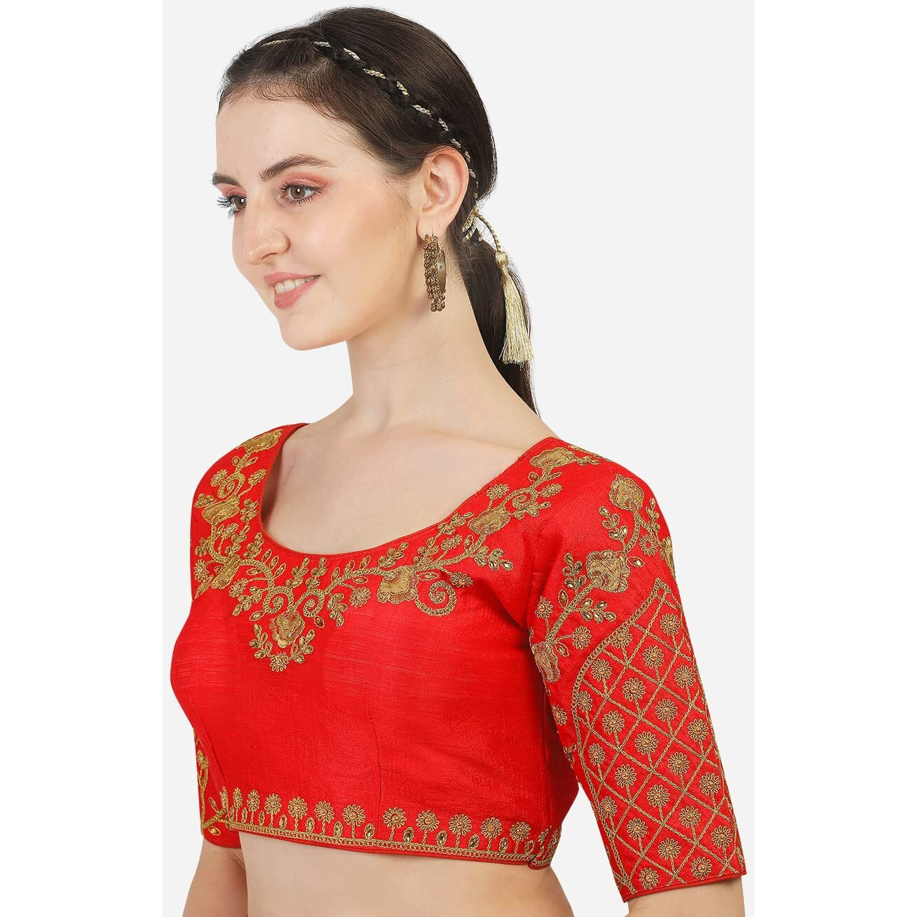 Pujia Mils Women's Silk Half Sleeve Regular (Floral Blouse Red 36)