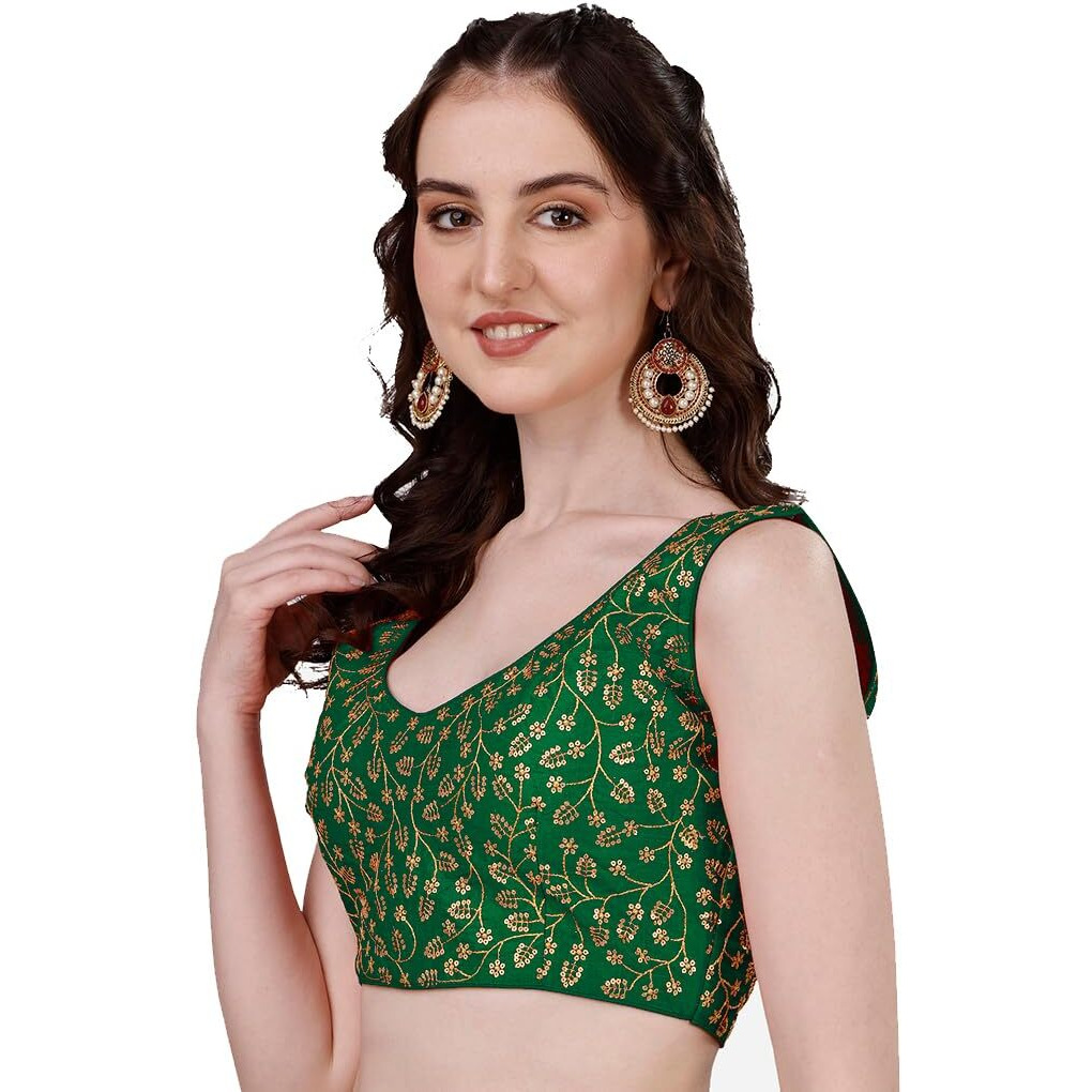 Pujia Mills Women's Silk Solid Sleeveless Regular Blouse (Krishnam Dark Green 38)