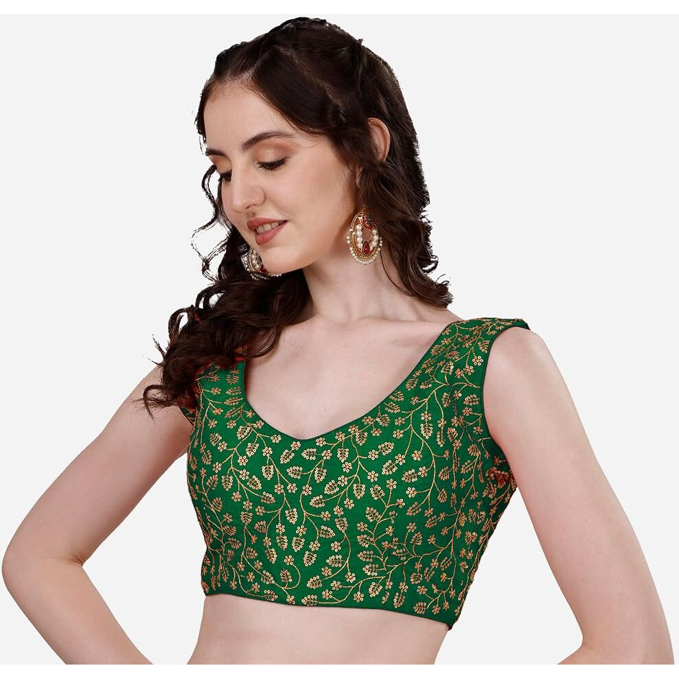 Pujia Mills Women's Silk Solid Sleeveless Regular Blouse (Krishnam Dark Green 38)