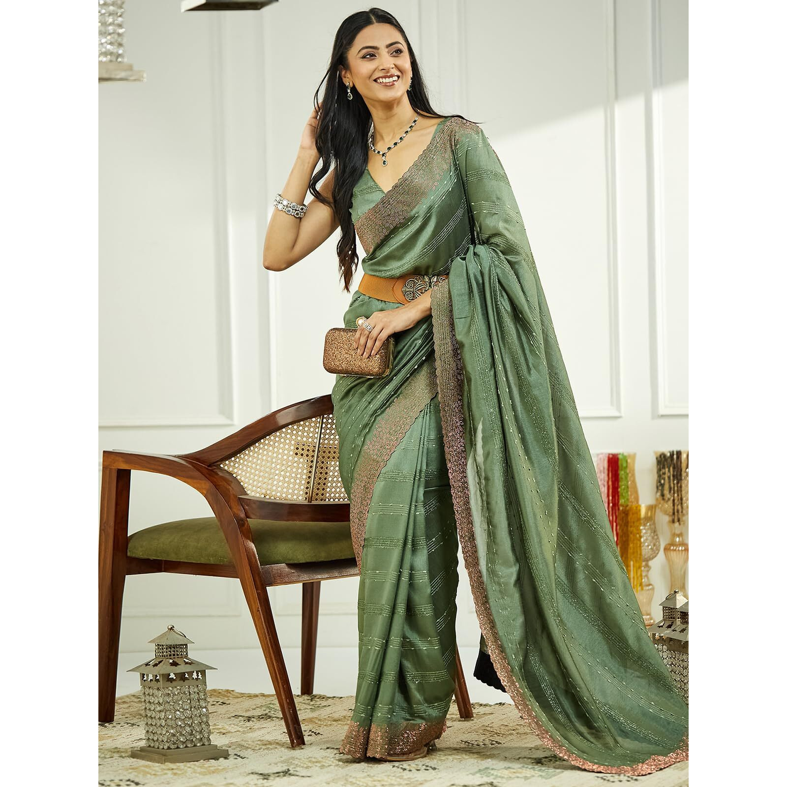 Satrani Women's Silk Blend Stone & Zari Work Saree With Unstitched Blouse Piece (4022S613N_Dusty Green)