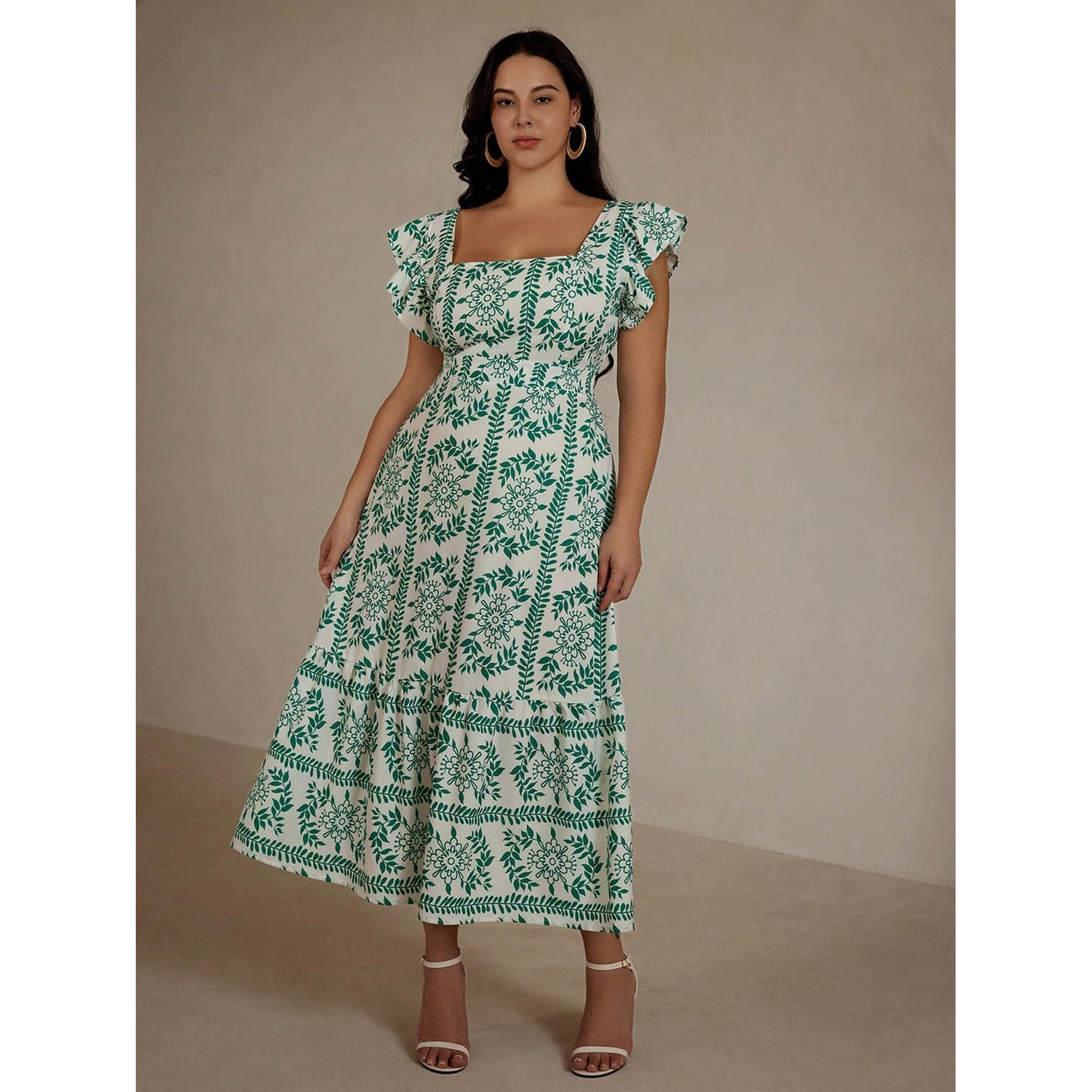 Shasmi Girl's & Women's White And Green Boho Random Print Casual Vacation Ruffled Square Neck Short Sleeve Summer Dresses With All Over Print Maxi, Dress For Women Elegant (Dress 229 Green-S)