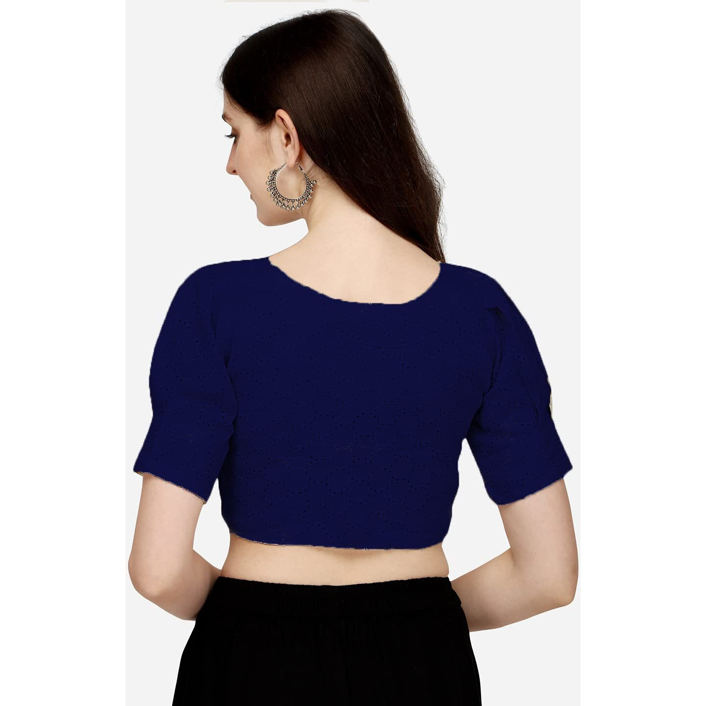 Pujia Mills Women's Cotton Chikankari Embroidery Work Readymade Saree Blouse (32, Navy)