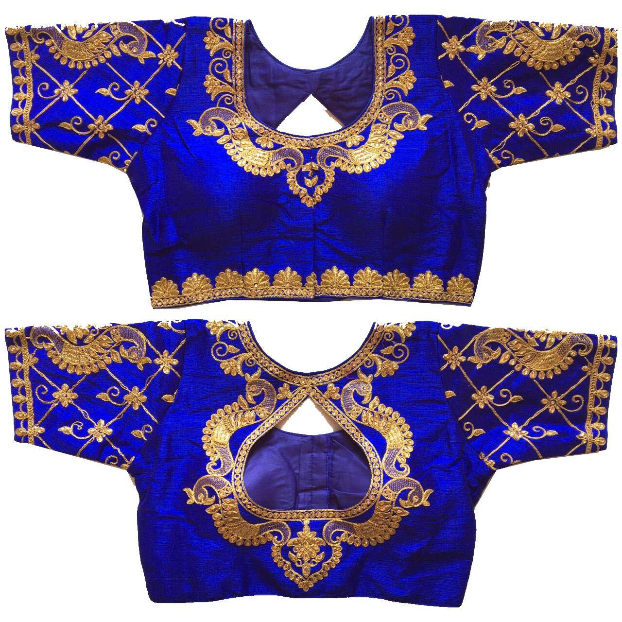 Pujia Mills Women's Multicolor Phantom Silk Water Drop Back Neck Peacock Embroidery Stone Work Sleeves Readymade Saree Blouse (Murari Blouse_Royal Blue_38 Size+Margin)