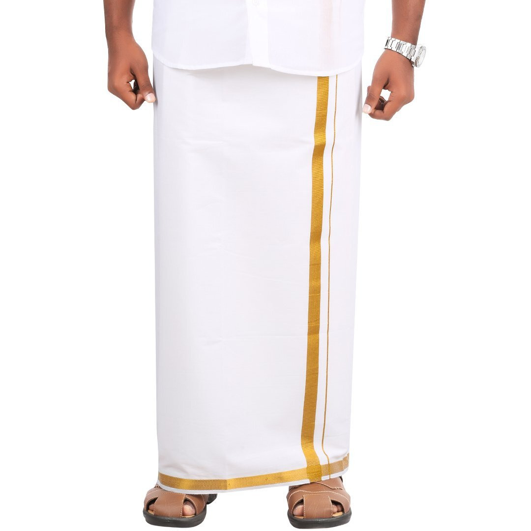 Prakasam Cotton Welcro Gold Jari Cotton Without Pocket Dhoty (Size 28-30-32)