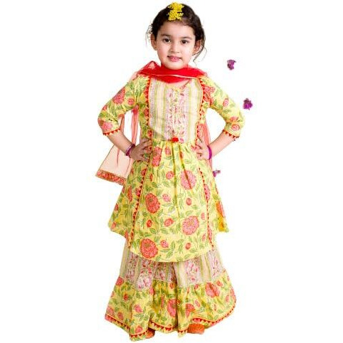 Pspeaches Girls Yellow Floral Printed Pleated Pure Cotton Kurta With Sharara With Dupatta (Yellow-10-12Y)