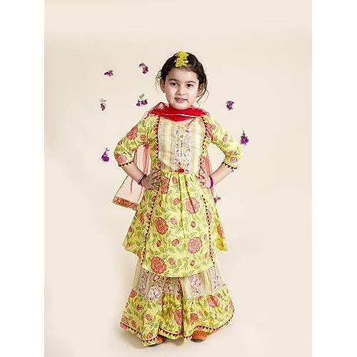 Pspeaches Girls Yellow Floral Printed Pleated Pure Cotton Kurta With Sharara With Dupatta (Yellow-10-12Y)