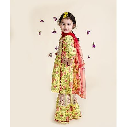 Pspeaches Girls Yellow Floral Printed Pleated Pure Cotton Kurta With Sharara With Dupatta (Yellow-10-12Y)