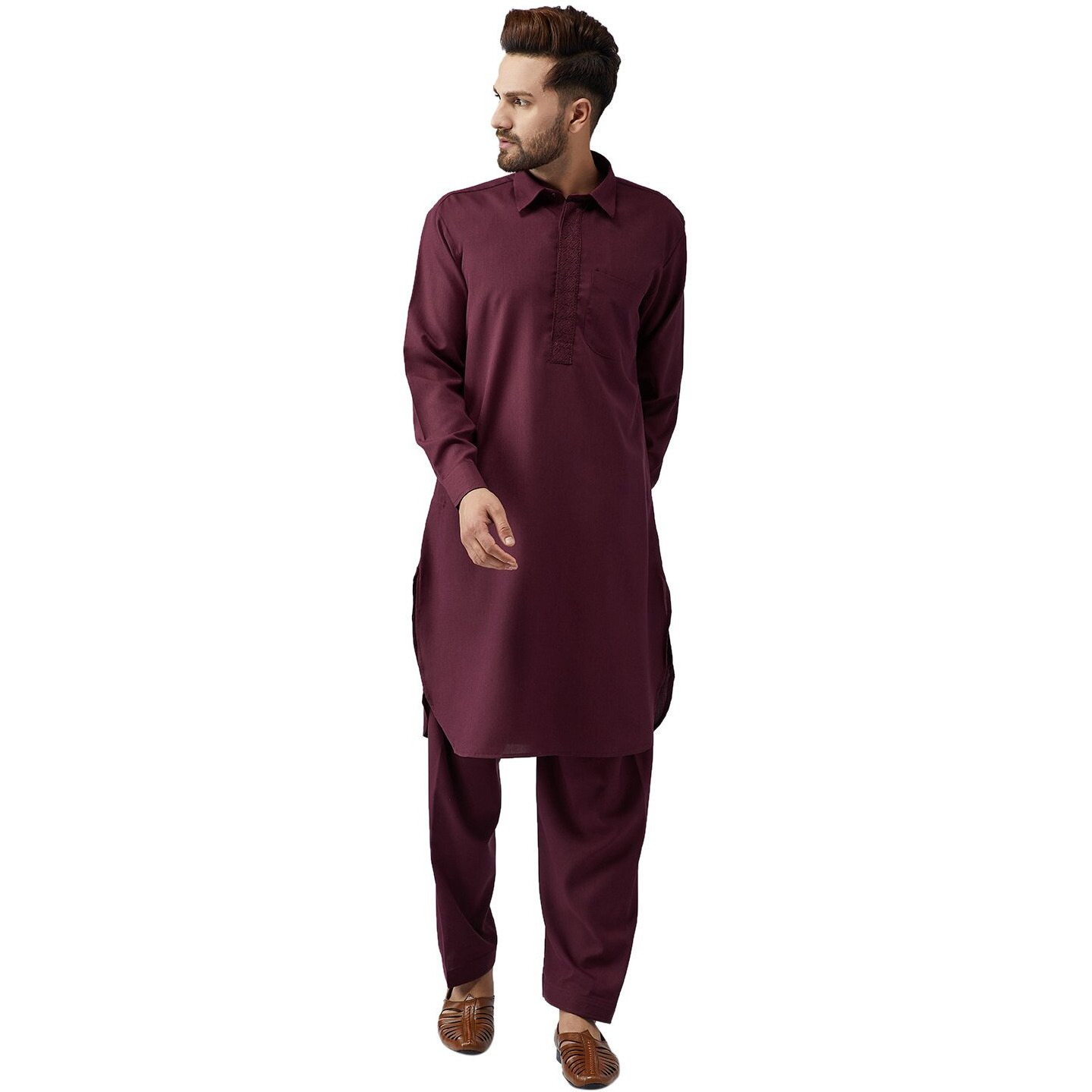 Sojanya (Since 1958 Men's Silk Maroon Kurta Pyjama & Printed Nehru Jacket Set Size L