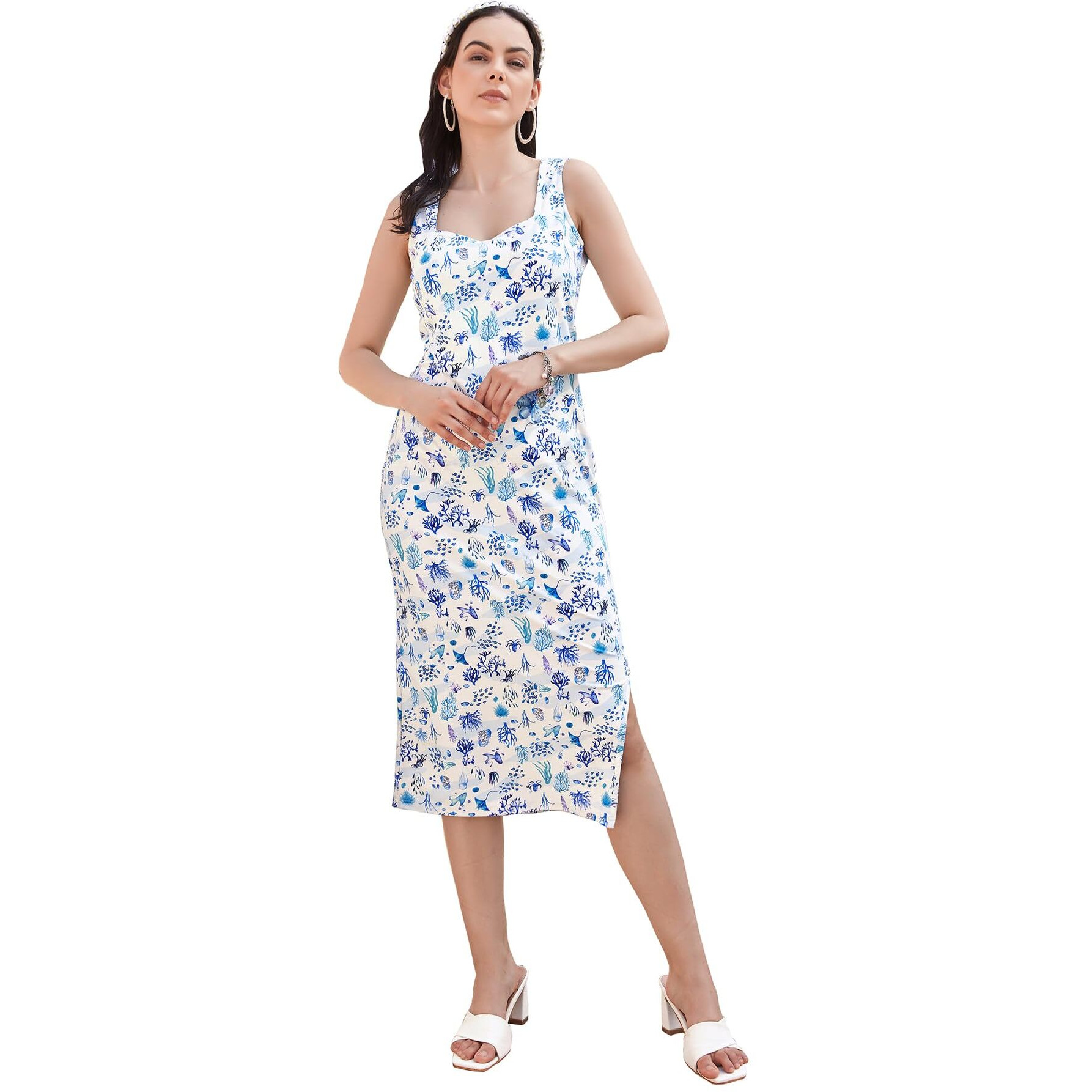 Purvaja Womens Bodycon Below Knee Length Dress (Wini-051-Coral_Blue_Large)