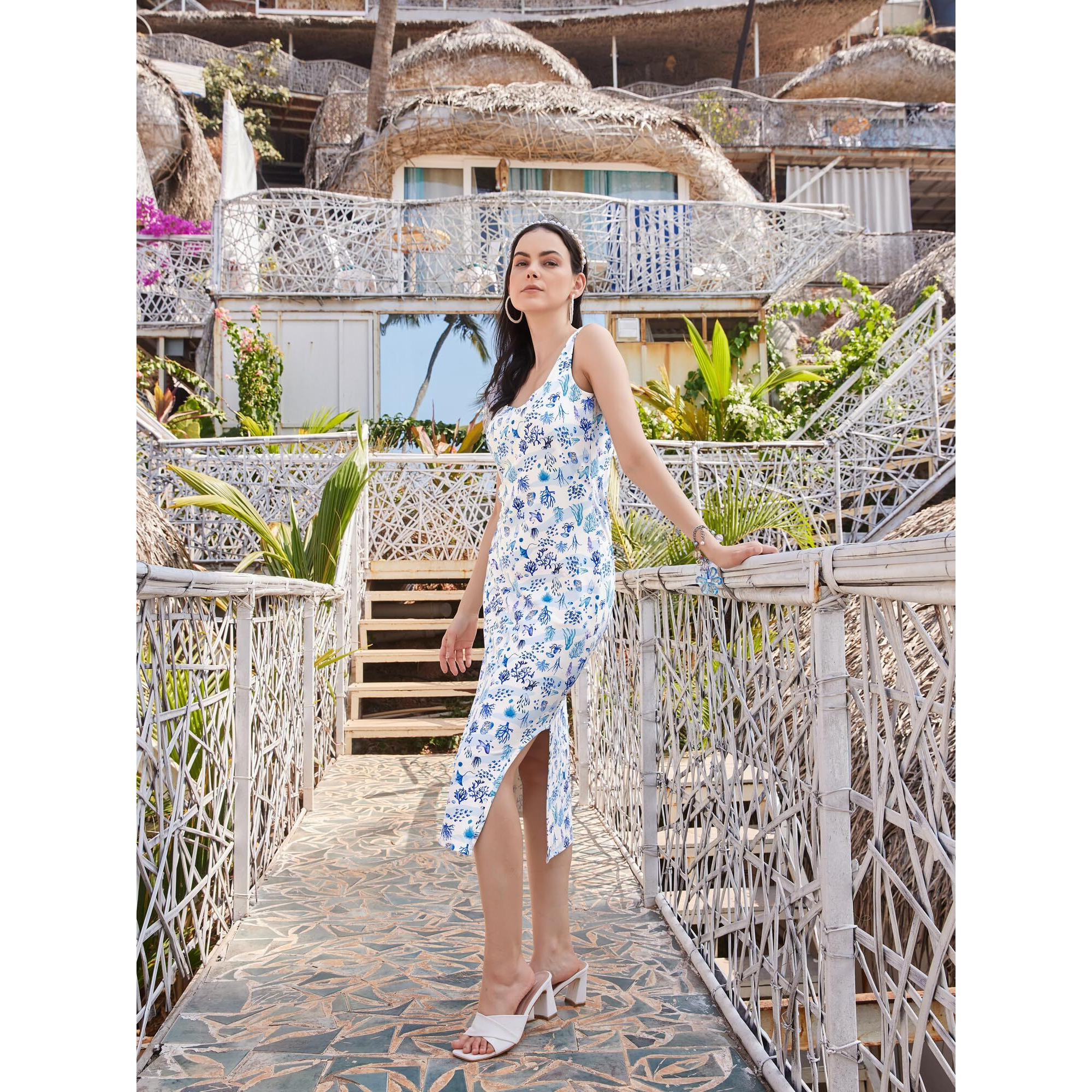 Purvaja Womens Bodycon Below Knee Length Dress (Wini-051-Coral_Blue_Large)