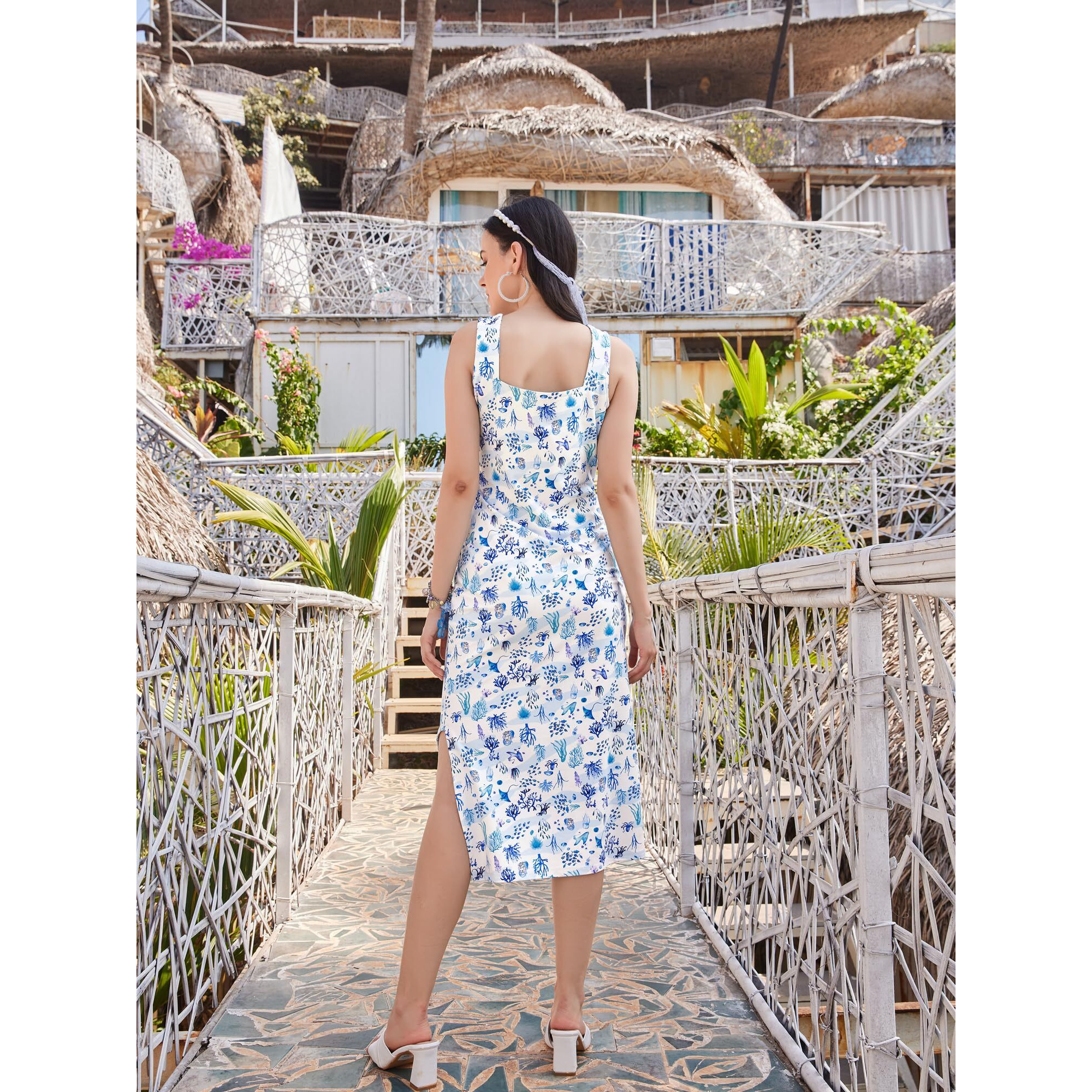 Purvaja Womens Bodycon Below Knee Length Dress (Wini-051-Coral_Blue_Large)