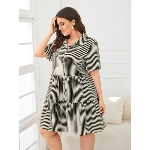 Tadkee Women's Cotton Blend Classic Standard Length Dress Shirt (Fn-Striped-Plus-Dress-134-Black- Black_Xxl)