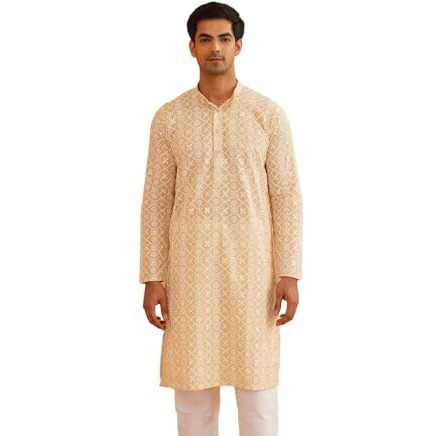 Sojanya (Since 1958 Men's Cotton Embroidered With Gold Seqence Beige Color Only Long KurtaSize-38