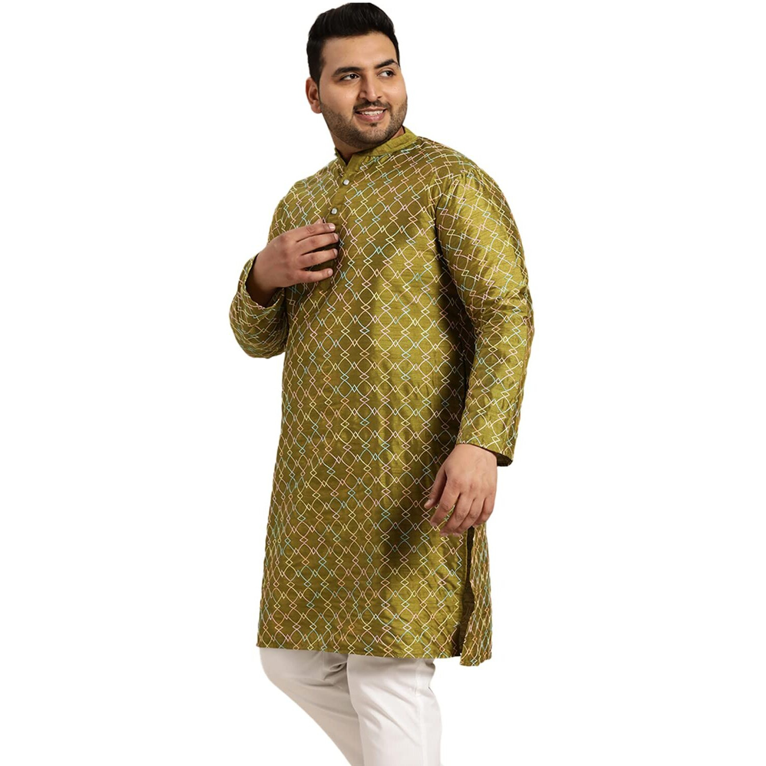 Sojanya Plus (Since 1958) Men's Olive Silk Blend Long Kurta With Multi Color Embroidery