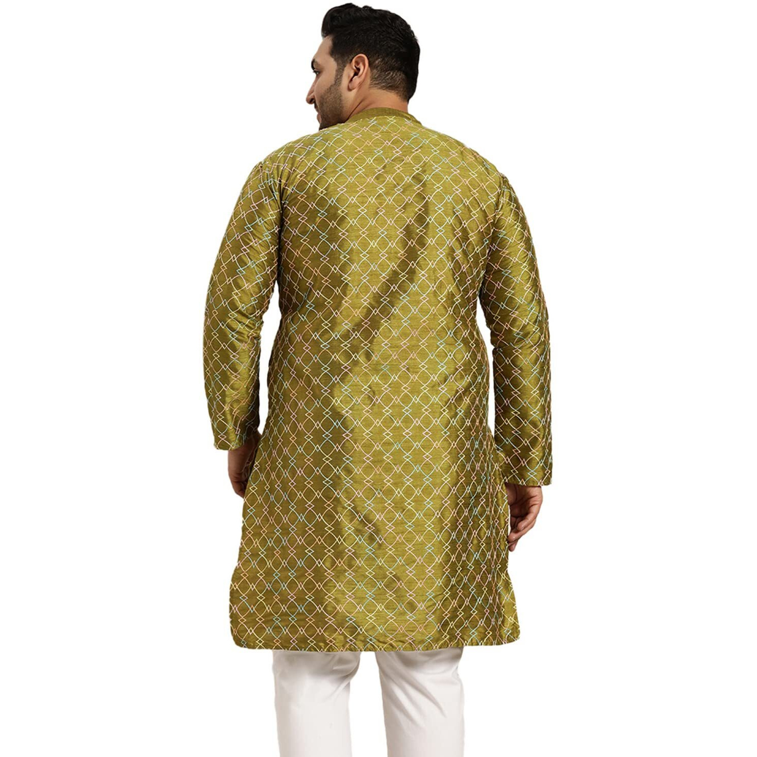 Sojanya Plus (Since 1958) Men's Olive Silk Blend Long Kurta With Multi Color Embroidery