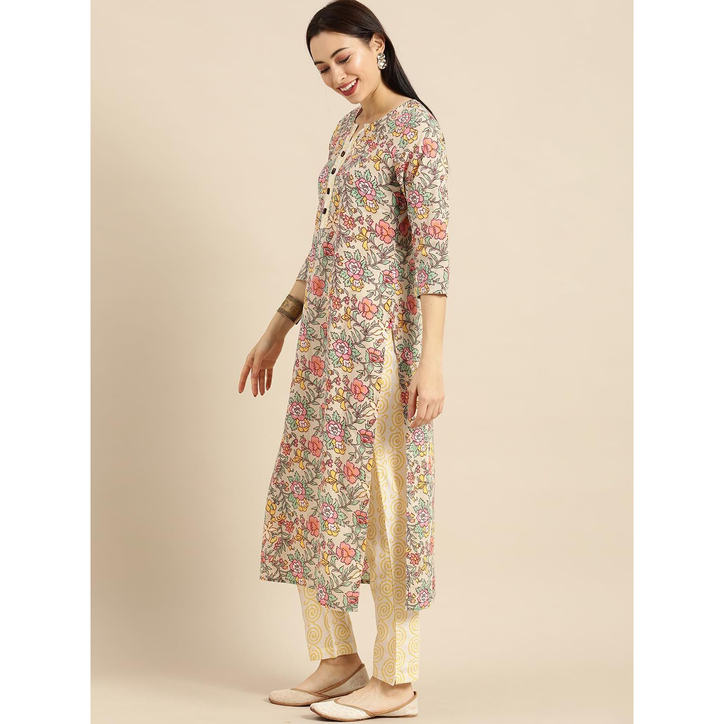 Varanga Sea Green And Mustard Floral Printed Straight Kurta With Printed Trouser