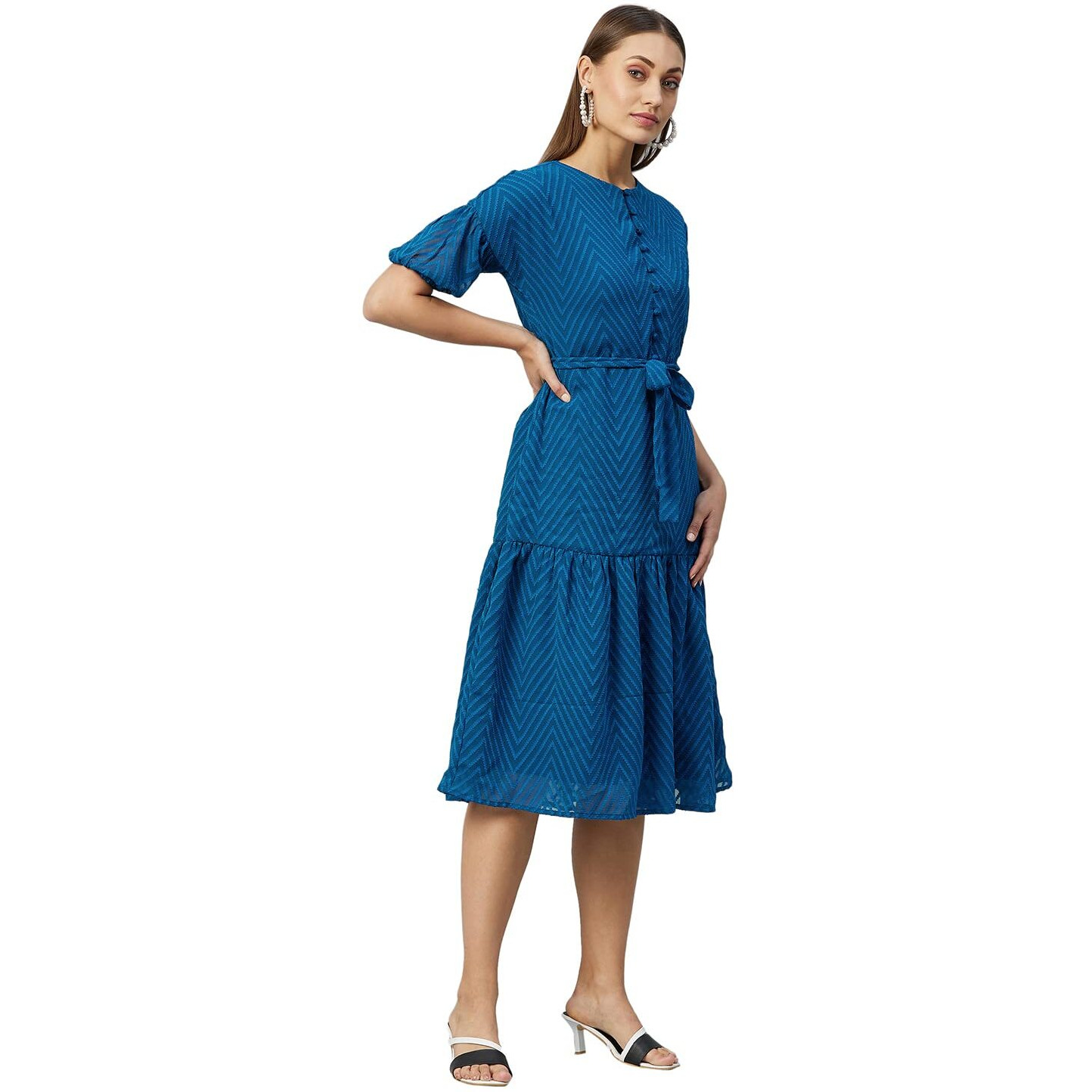 Rare Women's Georgette Fit And Flare Midi Casual Dress (Ep31080_Teal_Small)