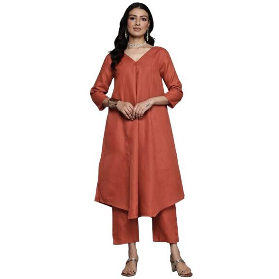 Varanga Women Orange Solid A-Line Kurta Paired With Tonal Bottom