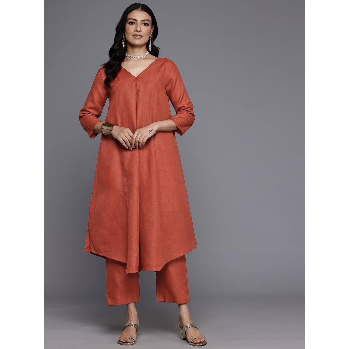 Varanga Women Orange Solid A-Line Kurta Paired With Tonal Bottom