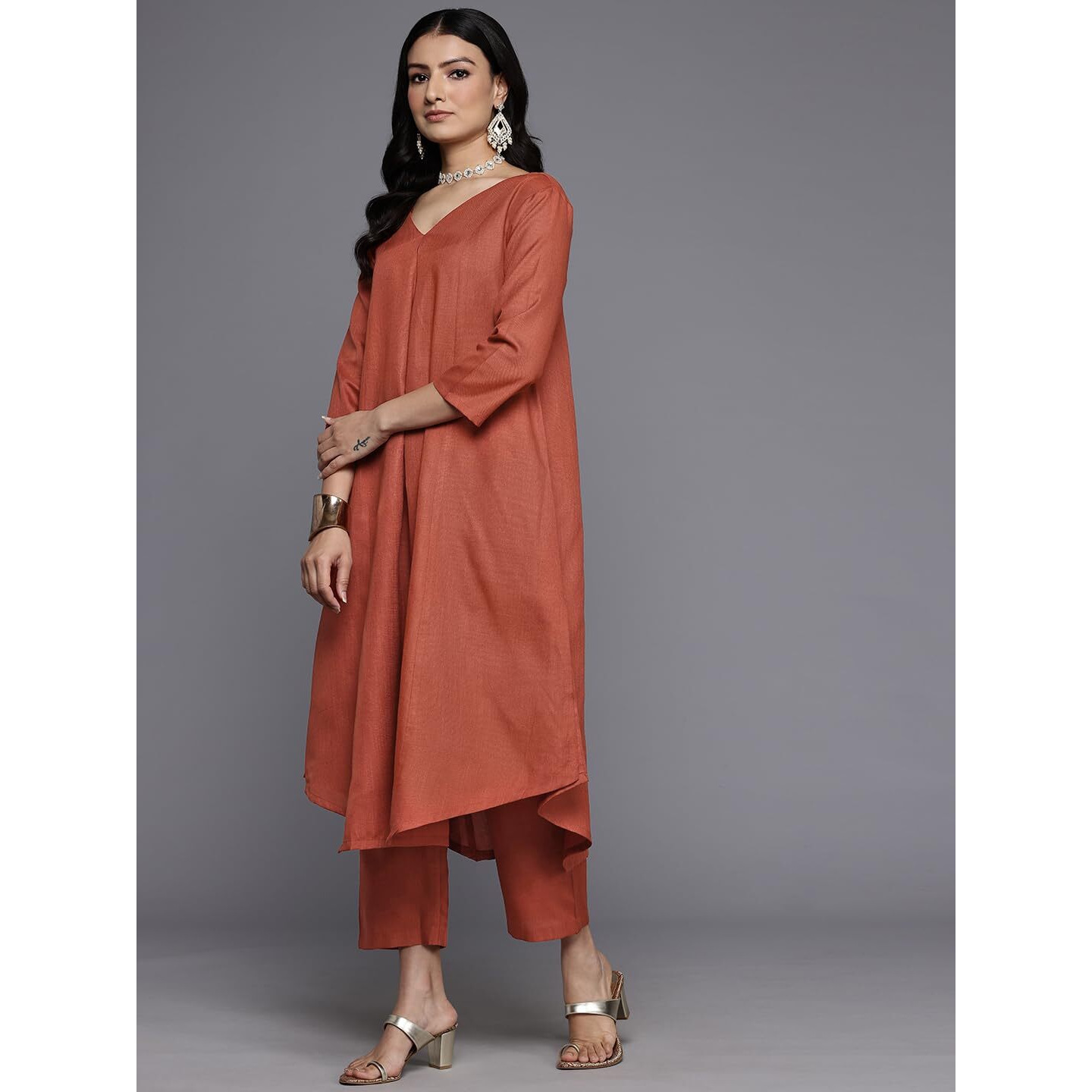 Varanga Women Orange Solid A-Line Kurta Paired With Tonal Bottom