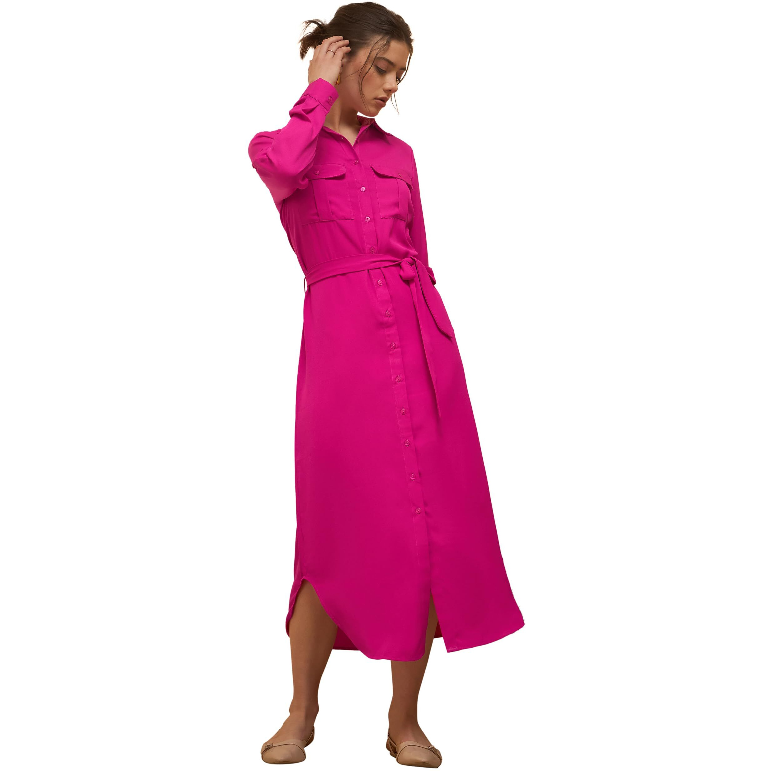 Rare Women's Polyester A-Line Mid-Calf Length Casual Dress (Ep8102A_Hot Pink_L)