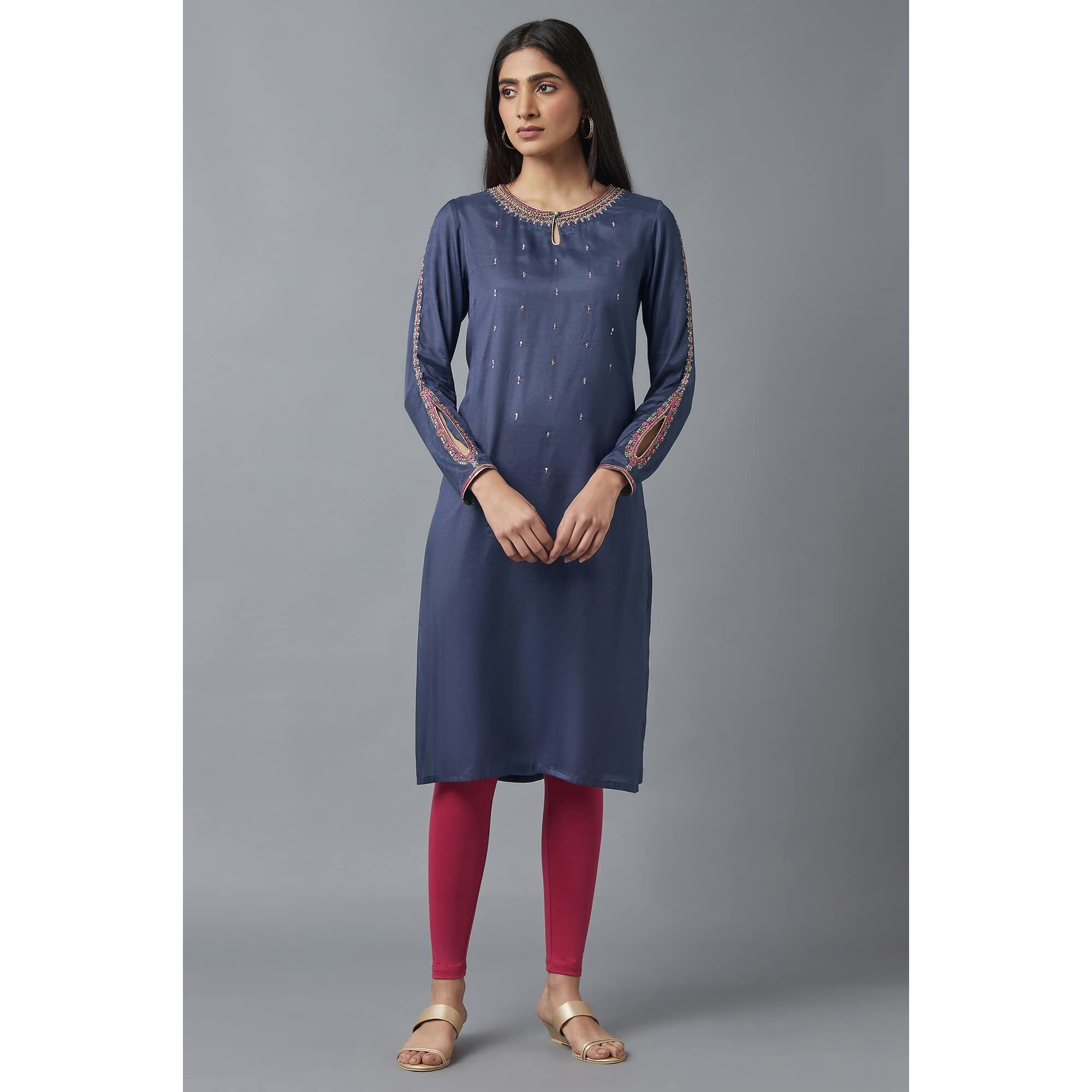 W For Woman Women's Viscose Solid Regular Fit Kurta (22Fes10855-216215_Smokey Blue_M)