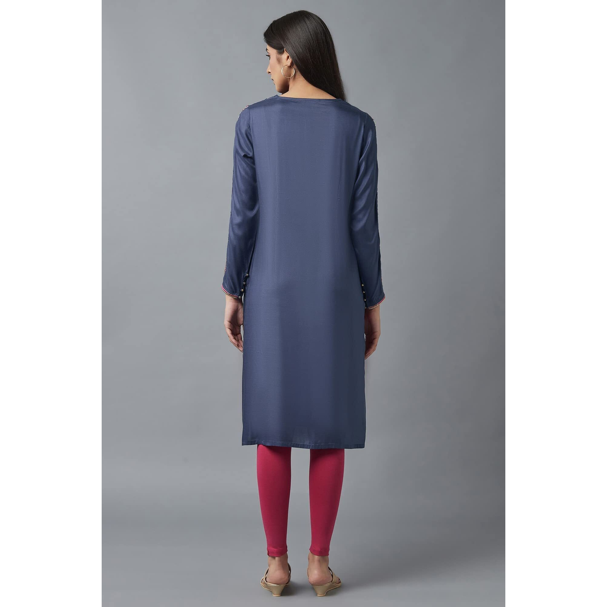 W For Woman Women's Viscose Solid Regular Fit Kurta (22Fes10855-216215_Smokey Blue_M)
