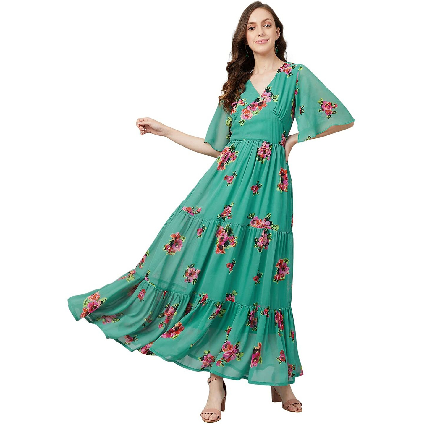 Rare Women's Georgette Fit And Flare Maxi Casual Dress (Ep6216_Green_Medium)