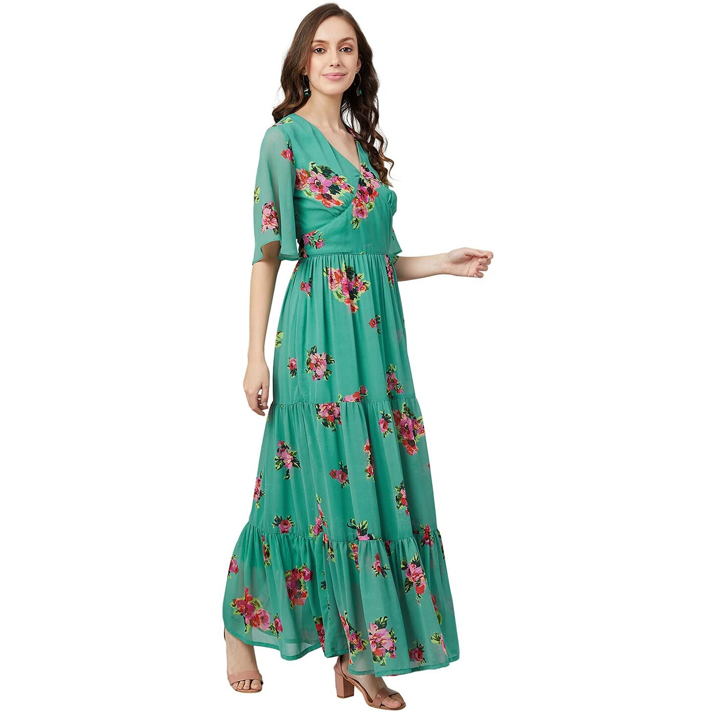 Rare Women's Georgette Fit And Flare Maxi Casual Dress (Ep6216_Green_Medium)
