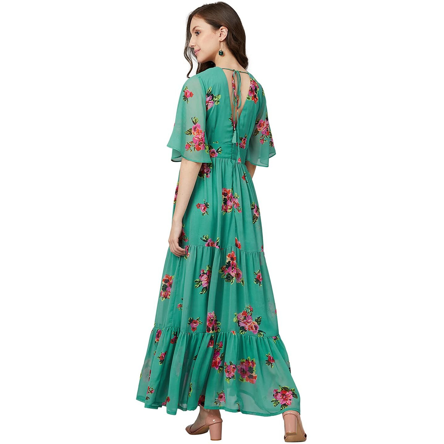 Rare Women's Georgette Fit And Flare Maxi Casual Dress (Ep6216_Green_Medium)