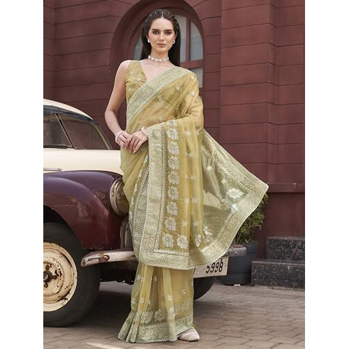 Womanista Women's Gold Colored Designer Shimmer Net Embroidered Saree(Ti7034_Gold_Onesize)