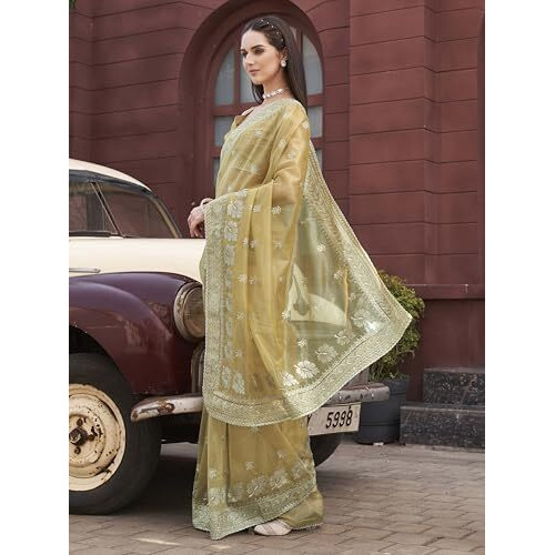 Womanista Women's Gold Colored Designer Shimmer Net Embroidered Saree(Ti7034_Gold_Onesize)