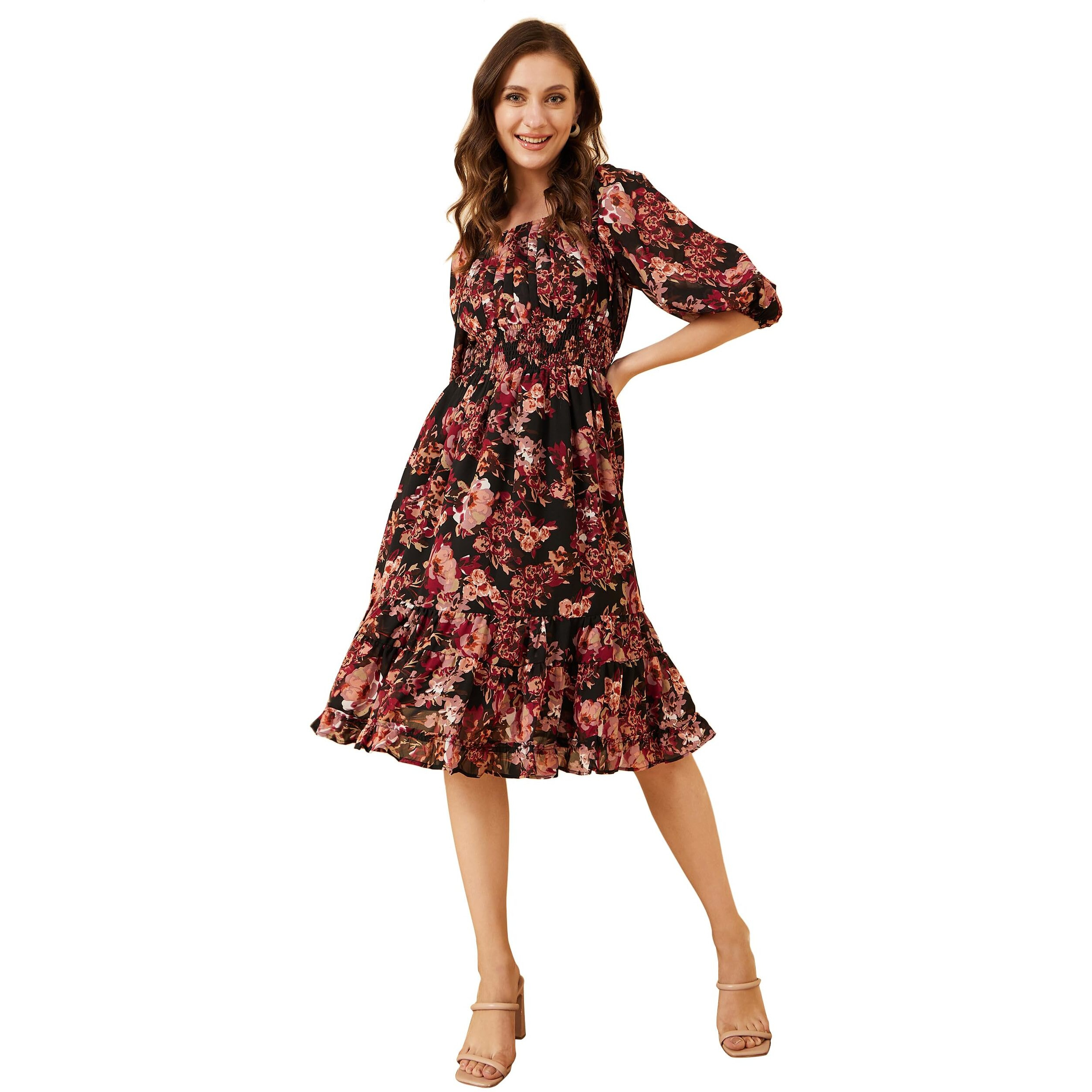 Rare Women's Georgette Fit And Flare Midi Casual Dress (Ep7550A_Black_L)