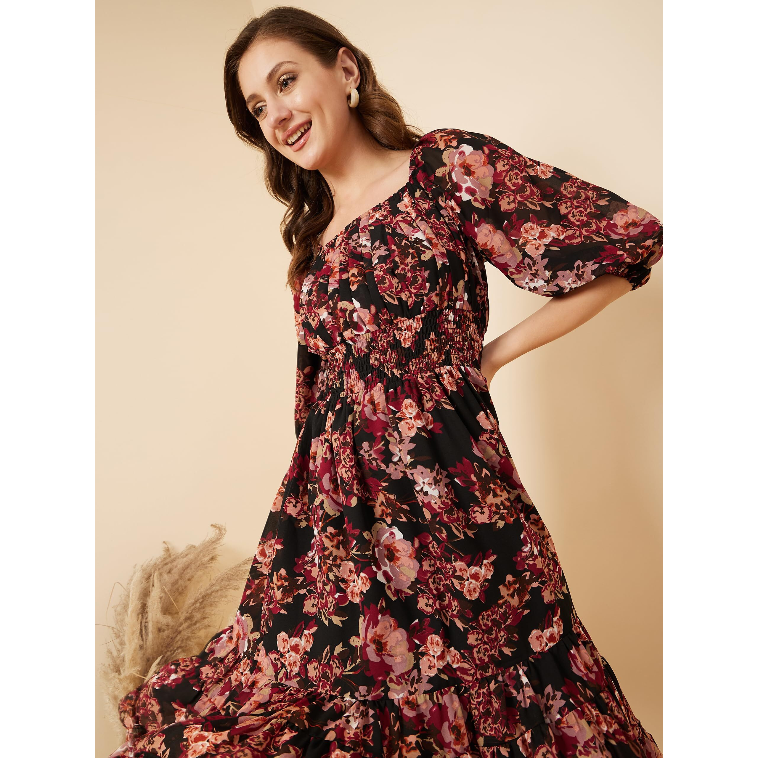 Rare Women's Georgette Fit And Flare Midi Casual Dress (Ep7550A_Black_L)