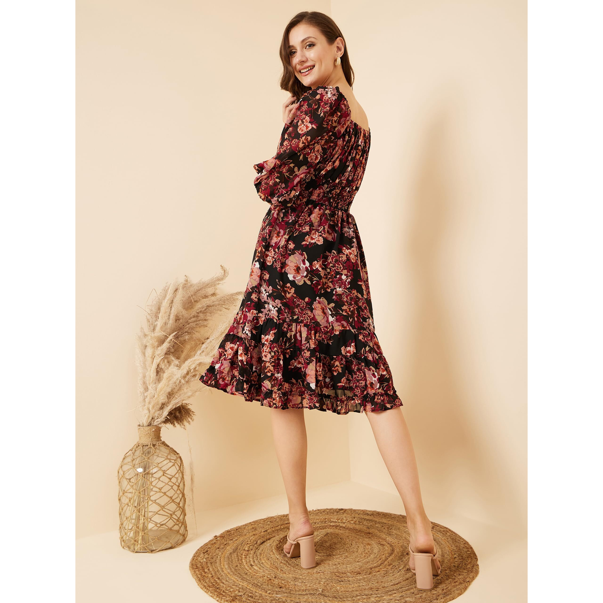 Rare Women's Georgette Fit And Flare Midi Casual Dress (Ep7550A_Black_L)