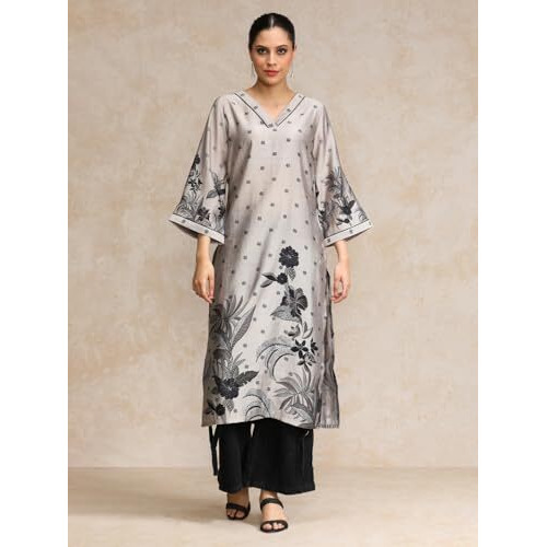 Varanga Bold Placement Floral Printed V Neck Kurta Grey