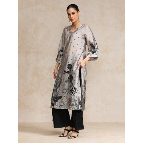 Varanga Bold Placement Floral Printed V Neck Kurta Grey