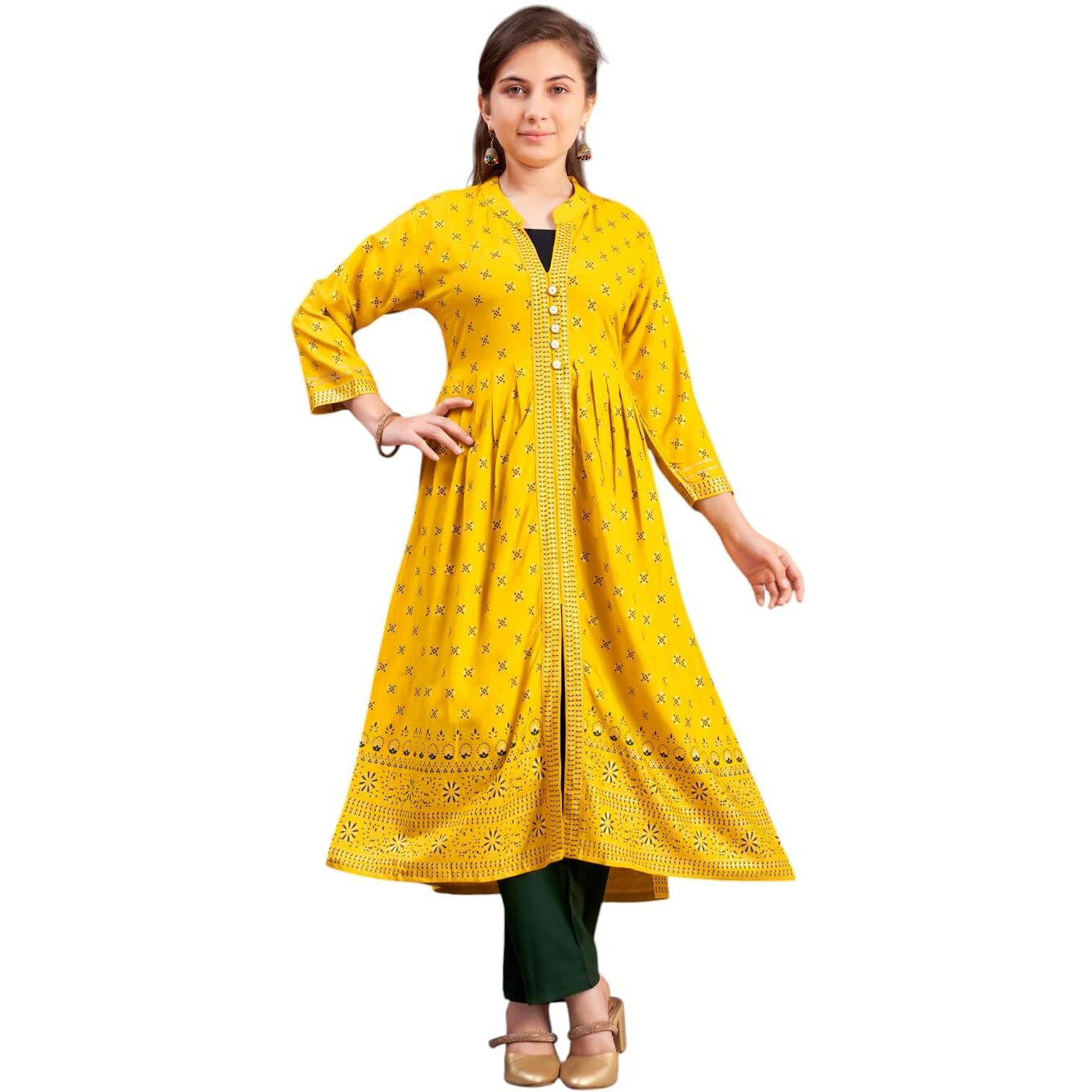 Aarika Girls Ethnic Wear Yellow-Dark Green Colour Foil Print Rayon Kurti Pant Set-8-15 Years (Kp-Sd-5826)