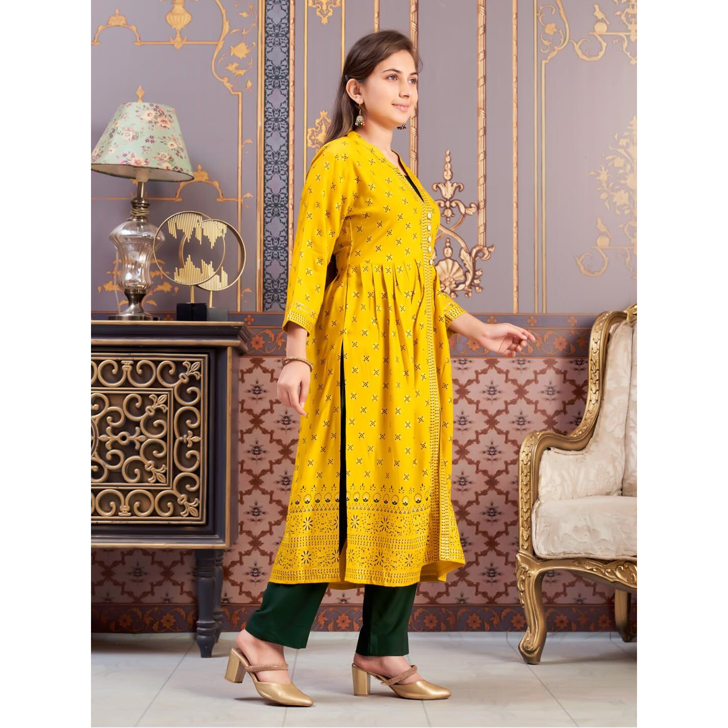 Aarika Girls Ethnic Wear Yellow-Dark Green Colour Foil Print Rayon Kurti Pant Set-8-15 Years (Kp-Sd-5826)