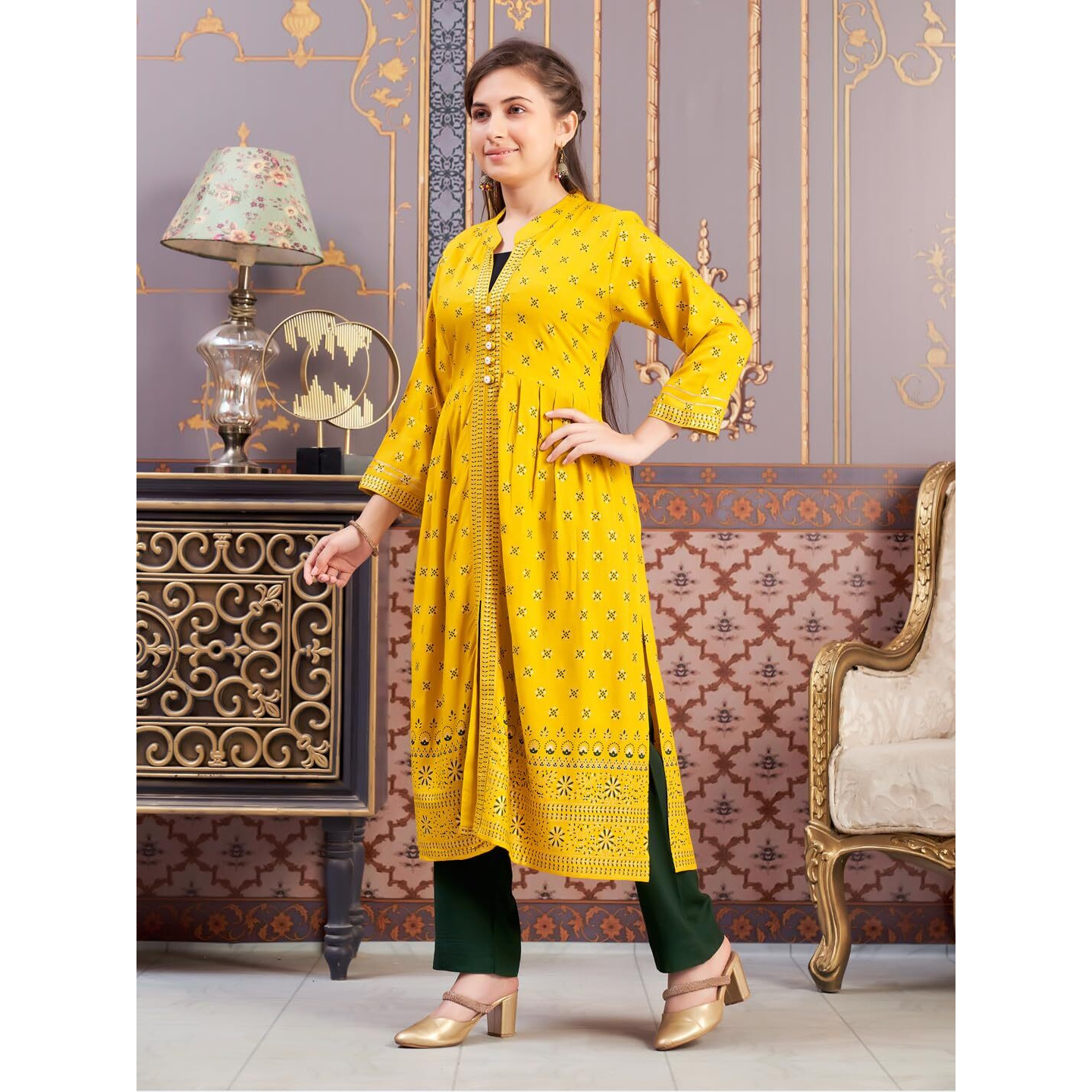 Aarika Girls Ethnic Wear Yellow-Dark Green Colour Foil Print Rayon Kurti Pant Set-8-15 Years (Kp-Sd-5826)