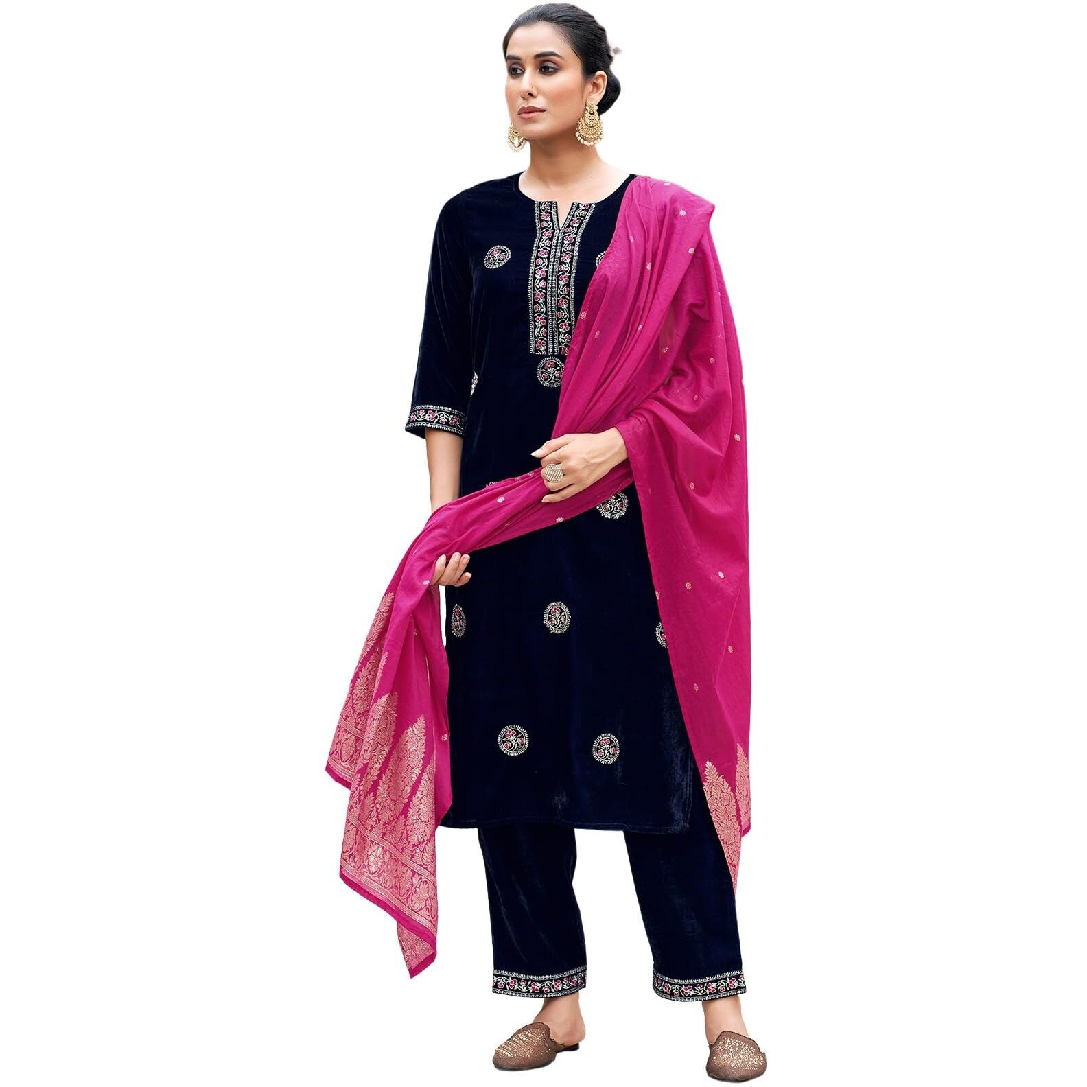 Sanisa Women's Velvet Sequins Embroidery Straight Kurta With Pant And Dupatta Set (215Kbd2271N-S_Navy Blue)