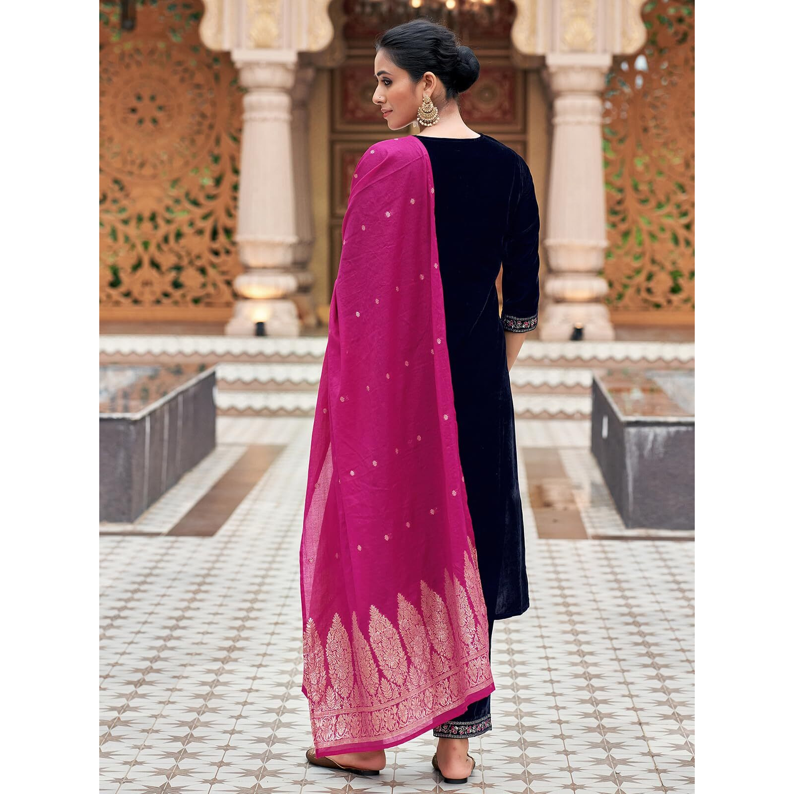 Sanisa Women's Velvet Sequins Embroidery Straight Kurta With Pant And Dupatta Set (215Kbd2271N-S_Navy Blue)
