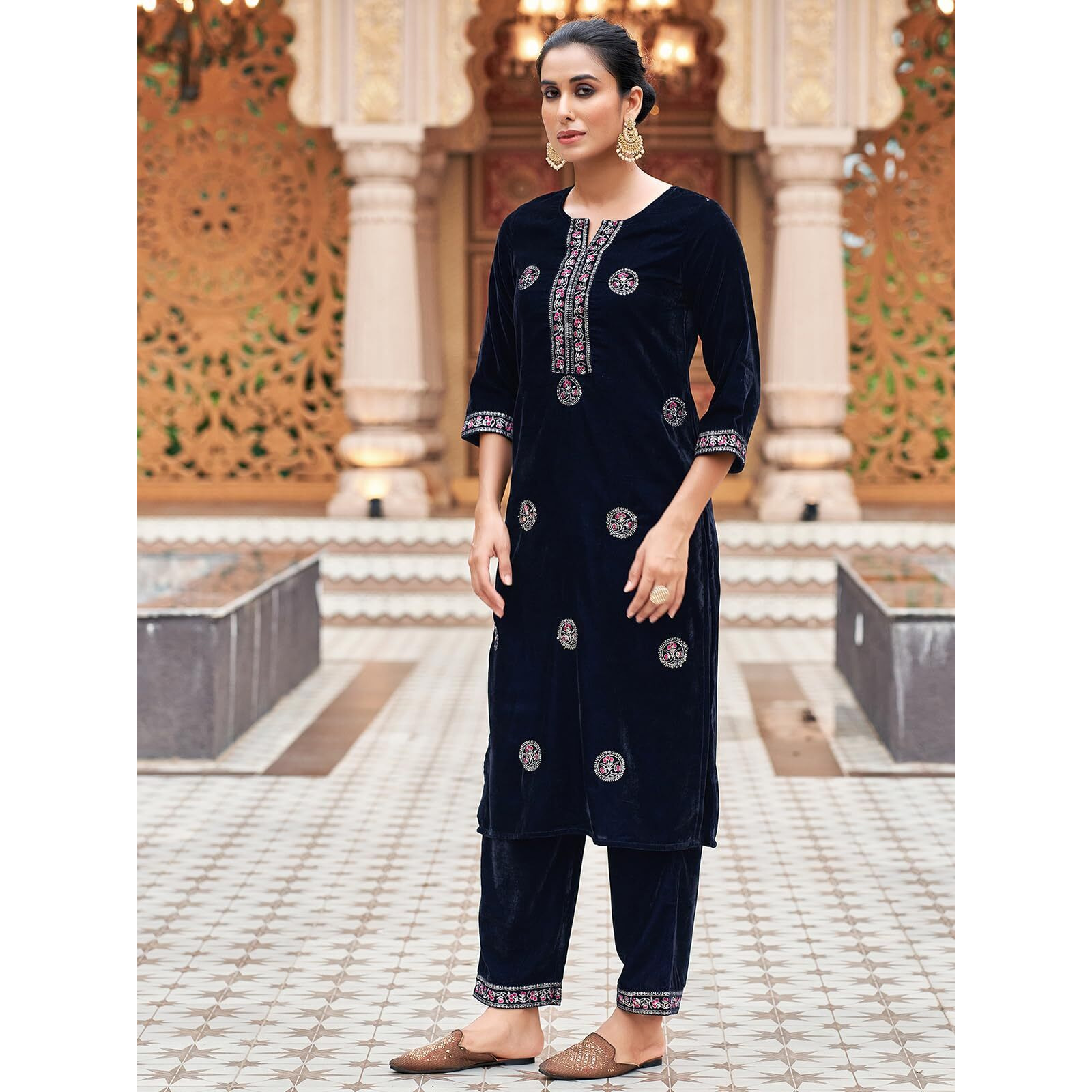 Sanisa Women's Velvet Sequins Embroidery Straight Kurta With Pant And Dupatta Set (215Kbd2271N-S_Navy Blue)