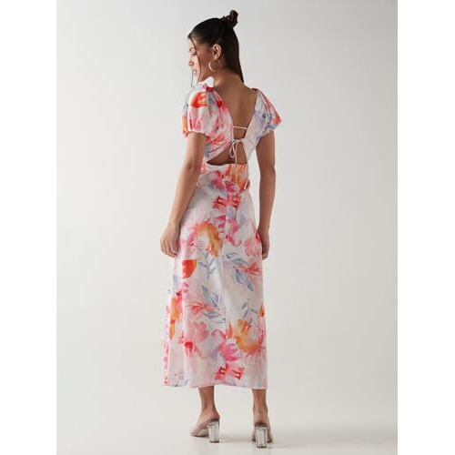Bewakoof Women's All Over Print Regular Fit Half Sleeve V-Neck Poly Blend Dress_635469_Multicolor_L