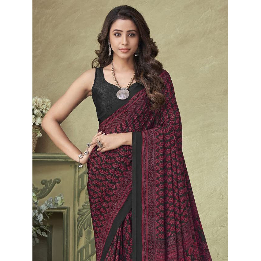 Satrani Women's Silk Crepe Floral Printed Saree With Unstitched Blouse Piece(2858S2465N_Dark Pink & Dark Grey)